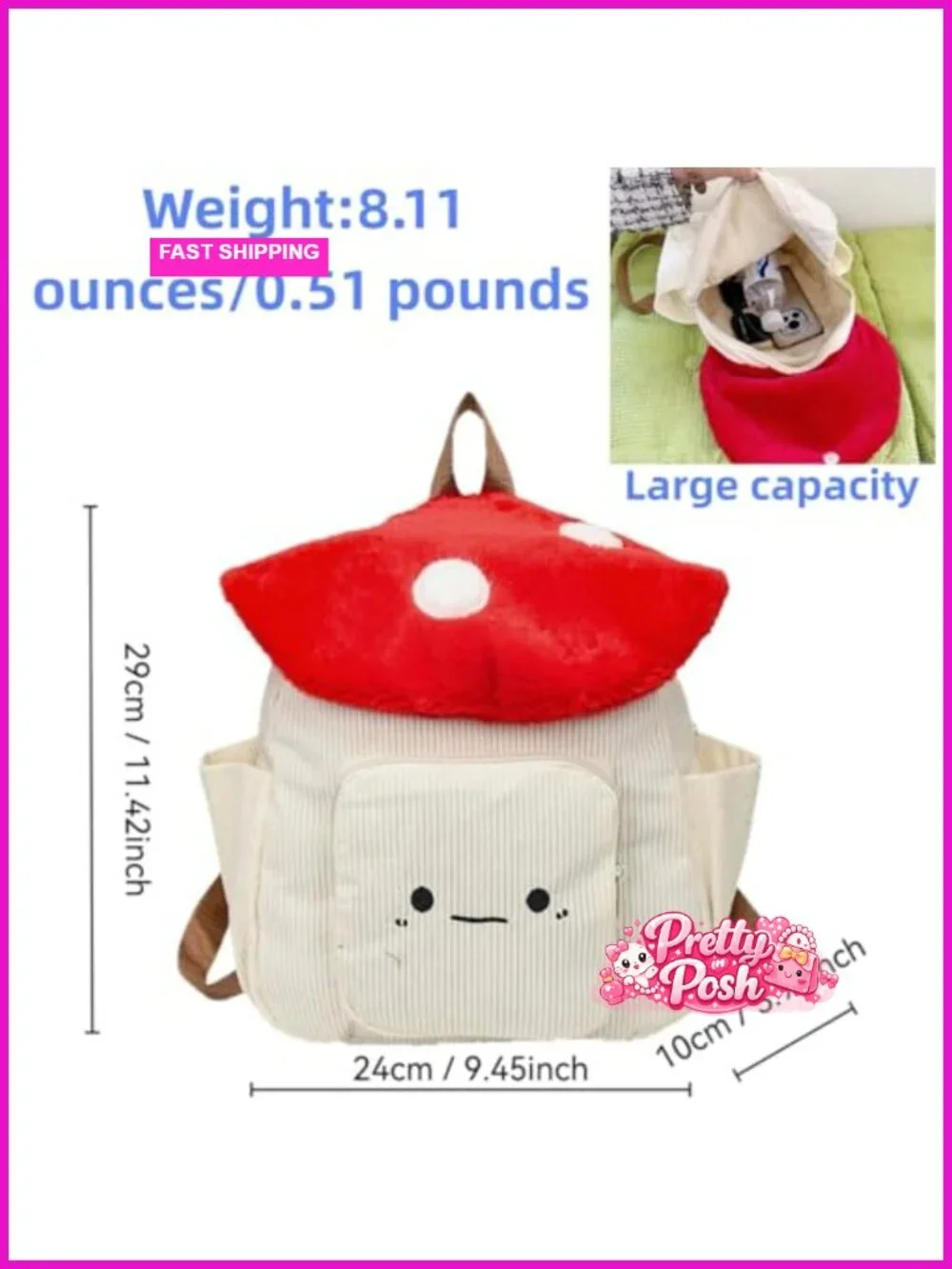 Kawaii Mushroom Shaped Backpack Crossbody Bag Corduroy